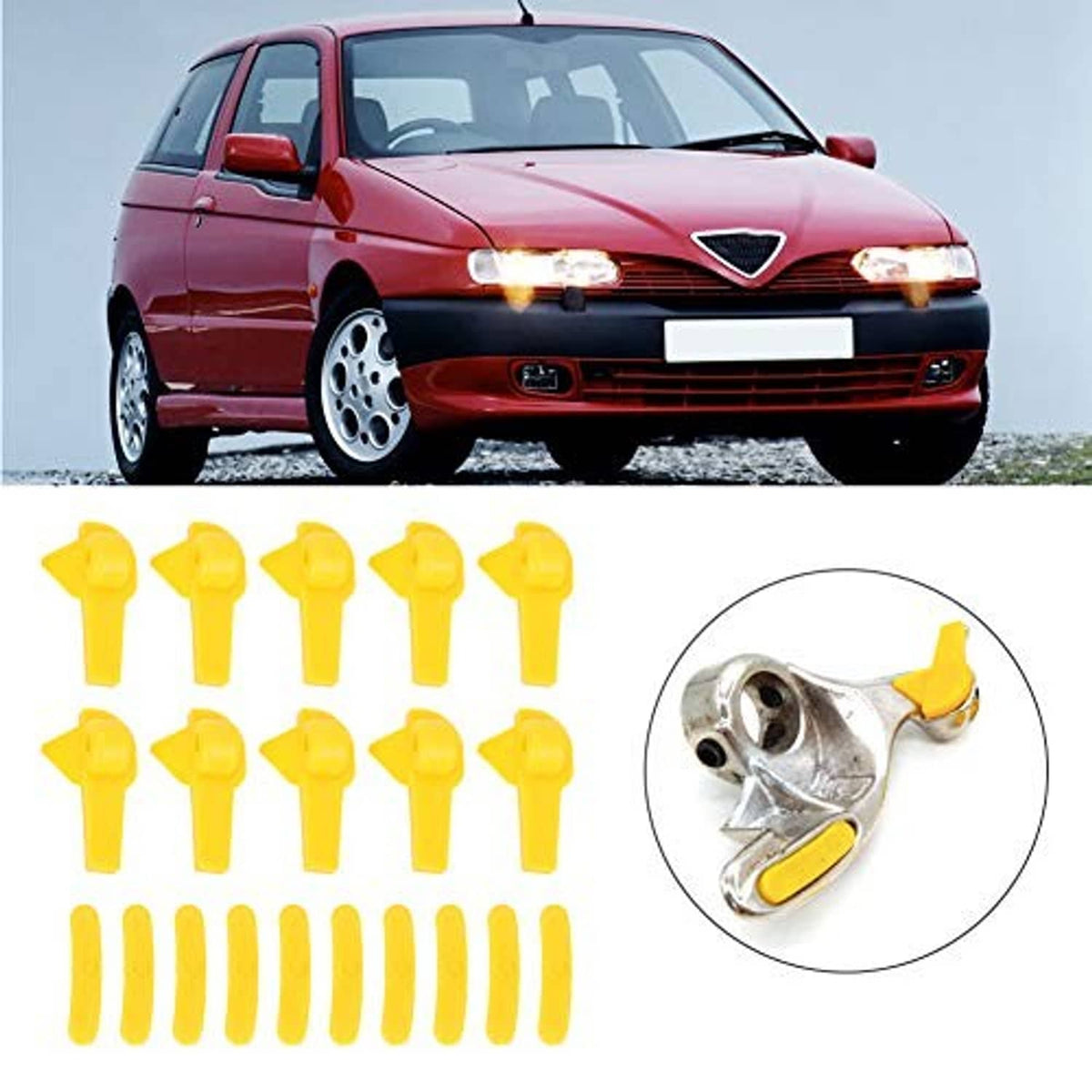 Yellow tire changer protector inserts set shown with a wheel rim tool detail