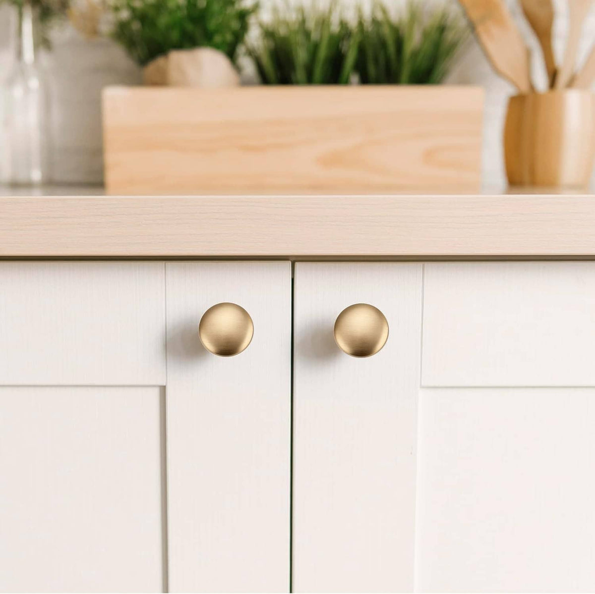Pair of champagne bronze round cabinet knobs on white cabinet drawers