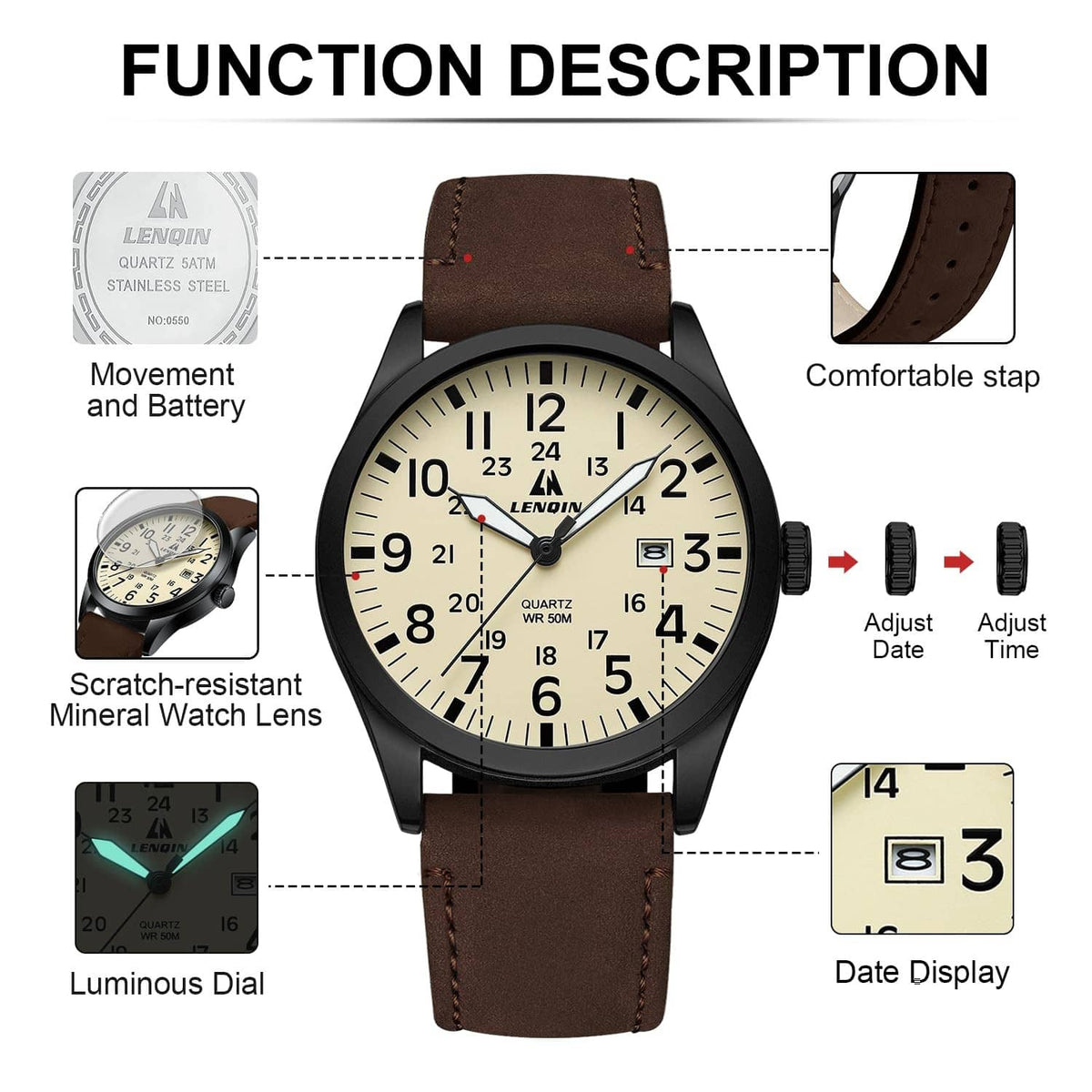 Men's analog sport watch with date display on beige dial and brown leather strap.