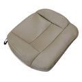 Beige tan leather seat cover with stitched panels and contoured cushion, front bottom style