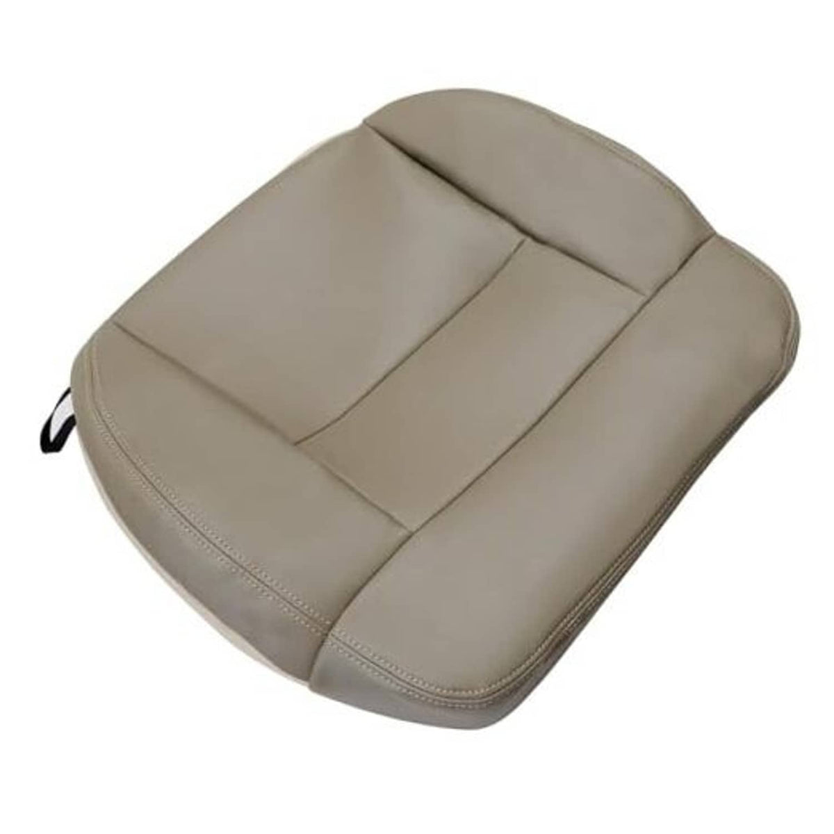 Beige tan leather seat cover with stitched panels and contoured cushion, front bottom style