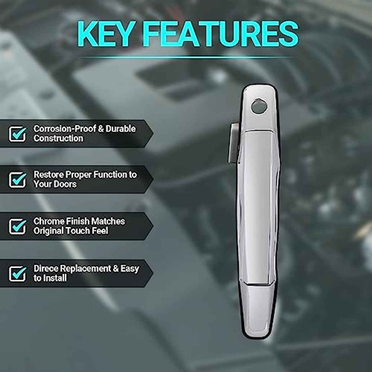 Chrome exterior door handle with keyhole opening and slim rectangular design
