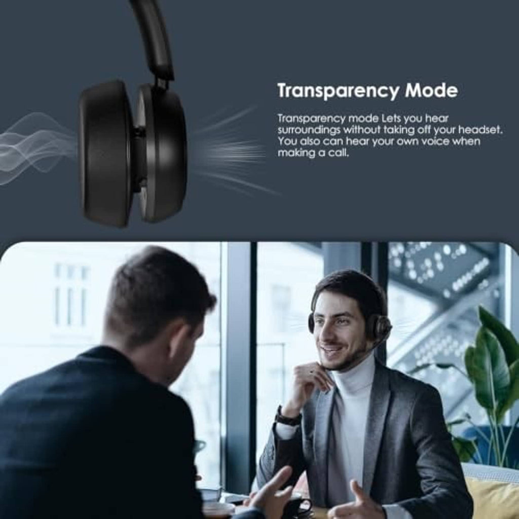 Black wireless over-ear headset worn during a video call at an office
