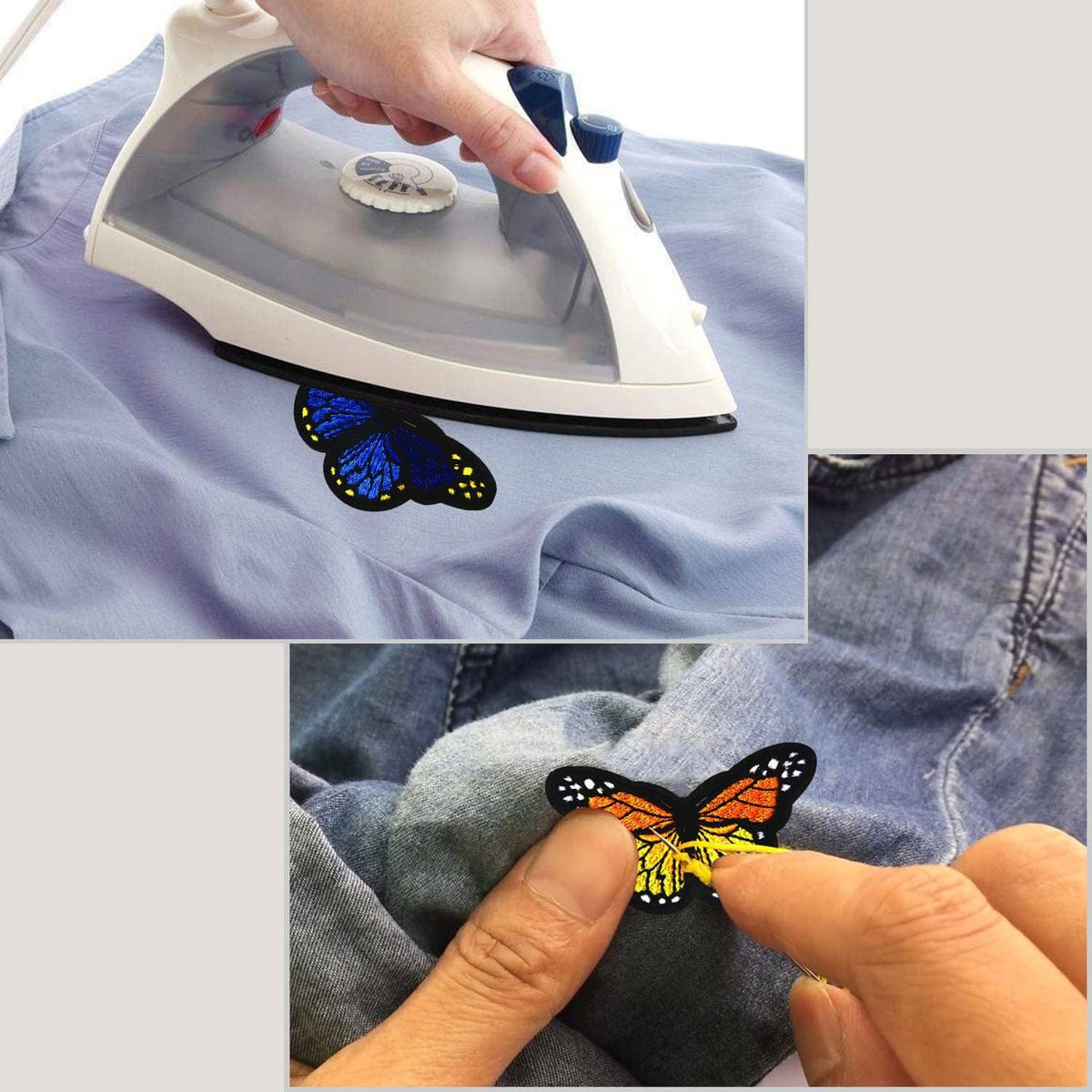 Butterfly iron-on patch being applied to denim fabric with a household iron
