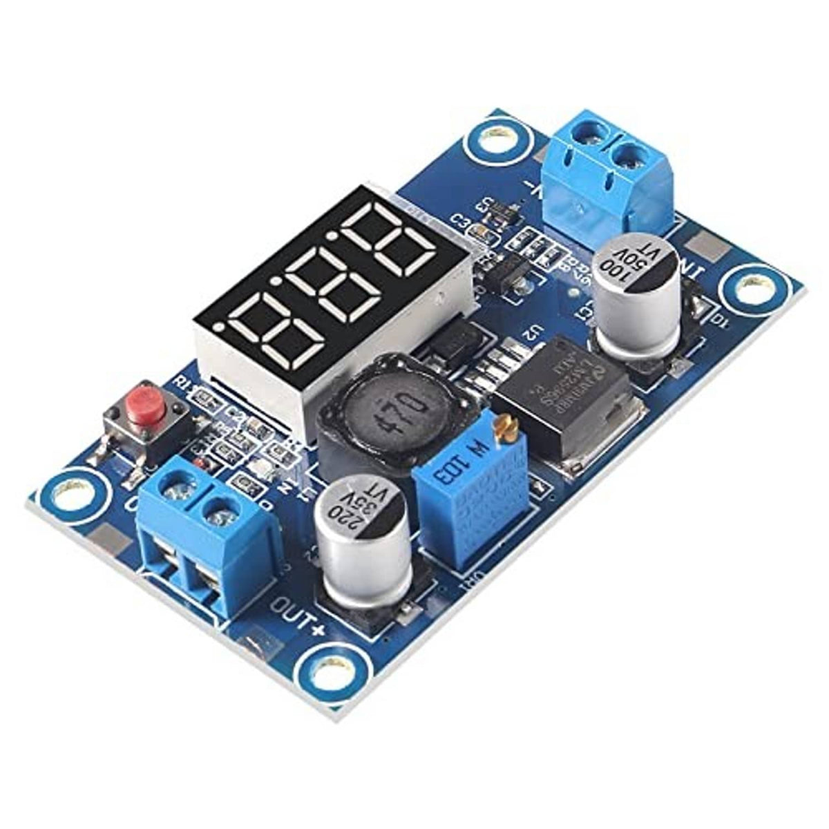 Single LM2596 buck converter module with blue screw terminals and large four-digit LED display
