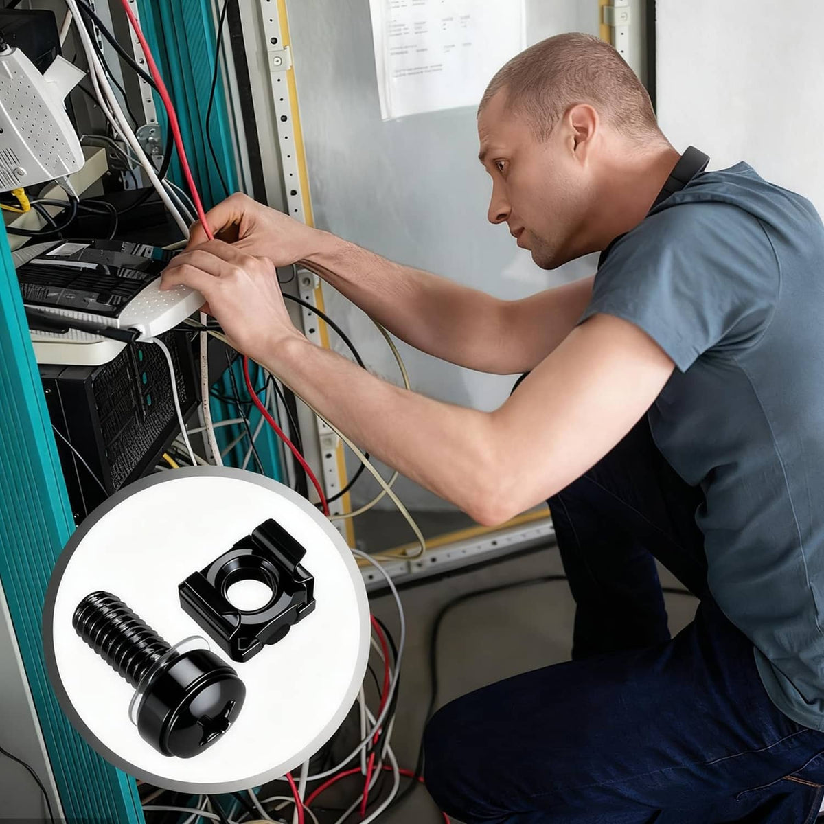 Technician installing black M6x20 rack mount screws and cage nuts on server