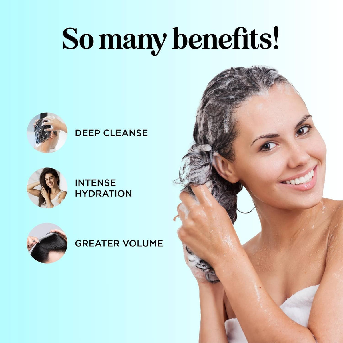 Woman lathering wet hair with foamy shampoo during use