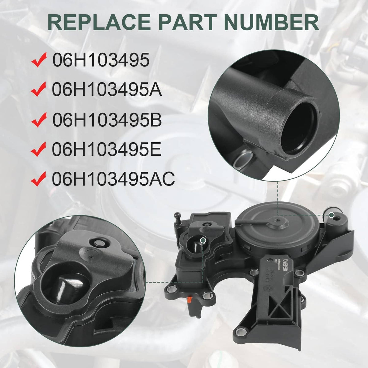 PCV oil separator valve assembly with inset showing mounting port shape