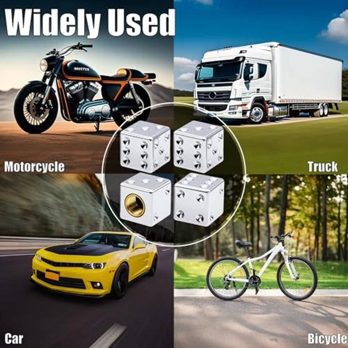 Dice-shaped chrome valve stem caps with gold threaded insert, silver dice design