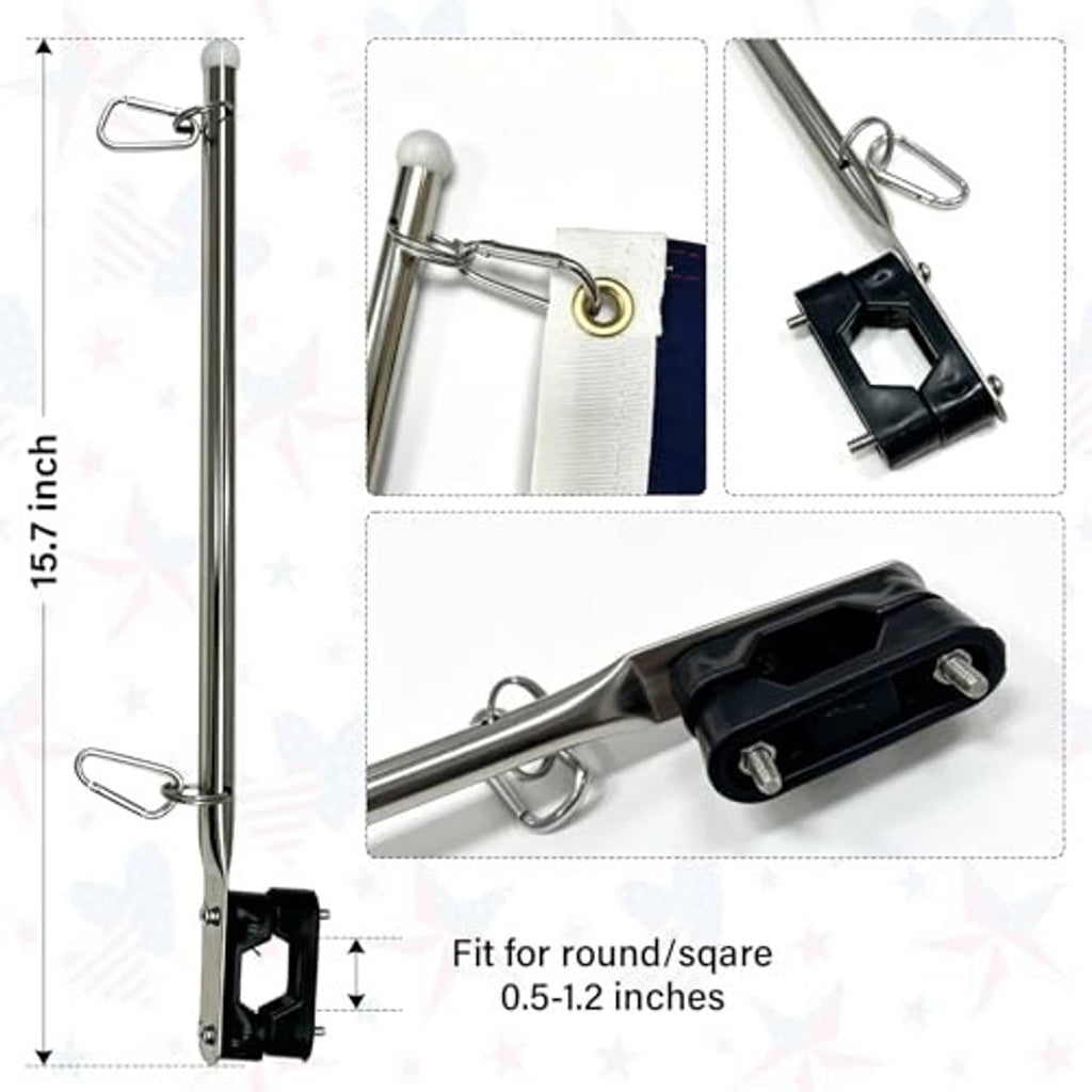 Boat flag pole kit hardware with bracket, rings, and mounting clamp