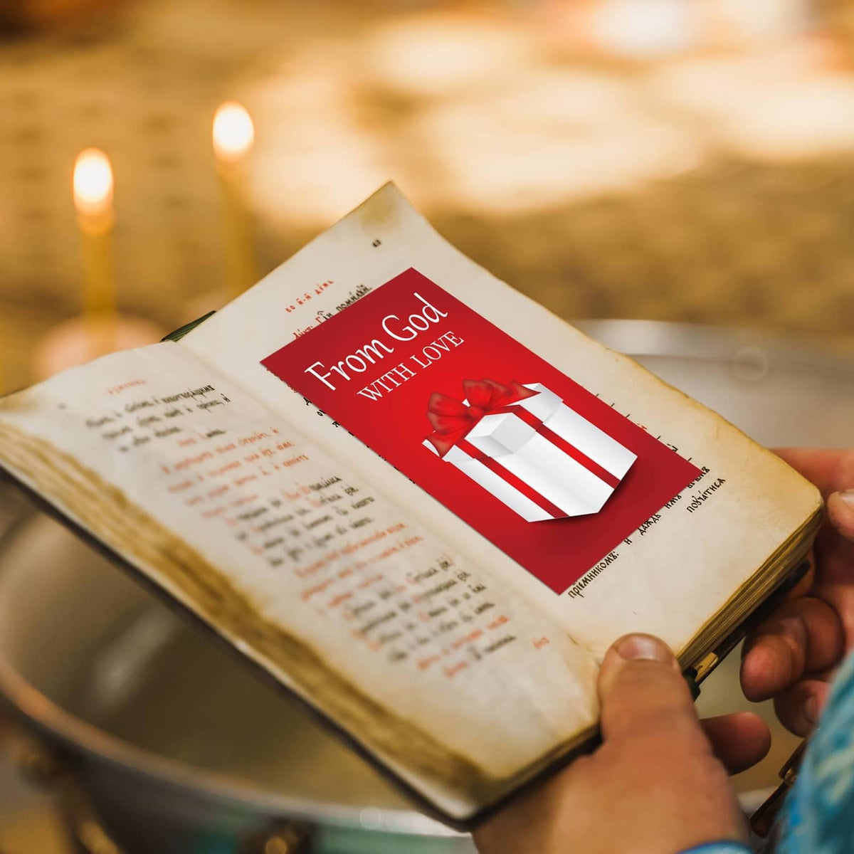 Gospel tract card held by hand with red gift graphic and From God text