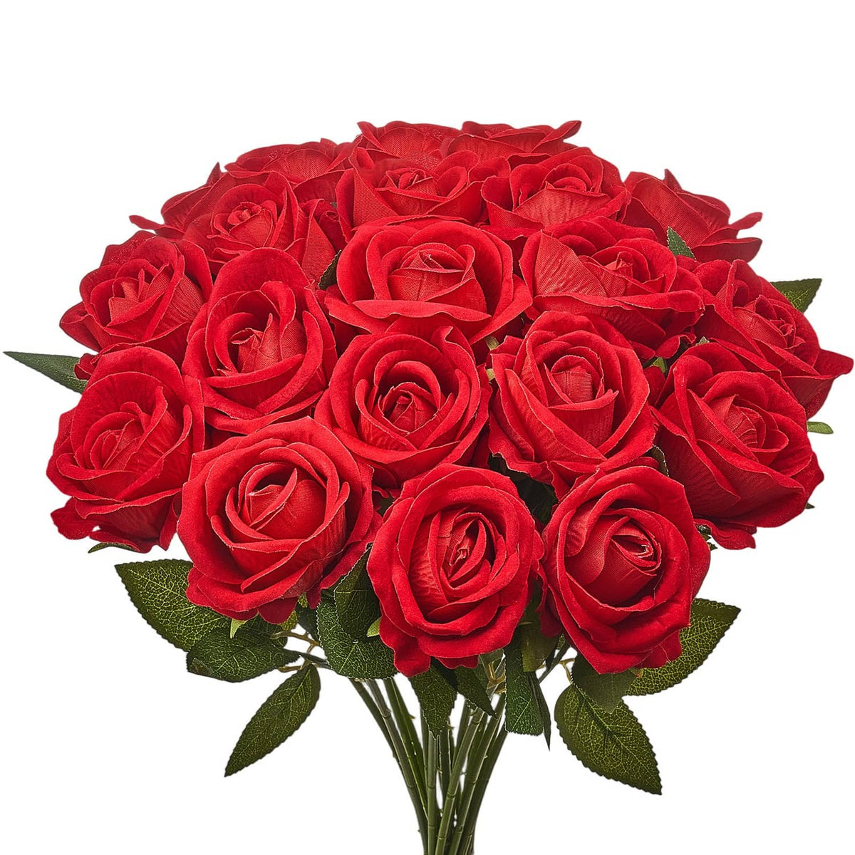 Red artificial rose bouquet close-up with green leaves and stems