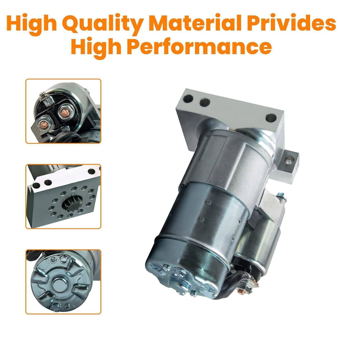 Starter motor with silver gear housing and cylindrical body, showing mounting bracket