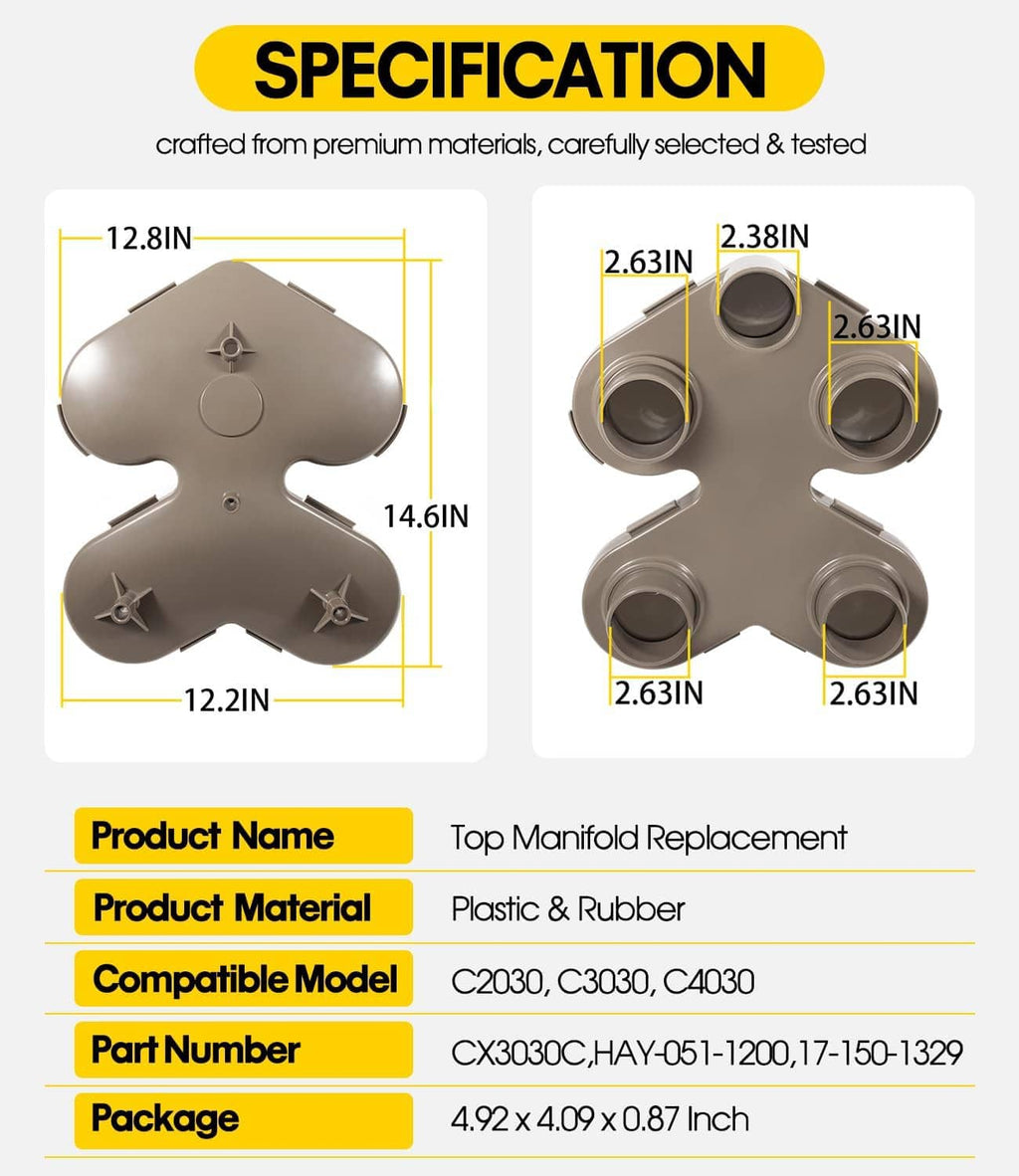 Gray plastic pool filter top manifold replacement with four raised fittings