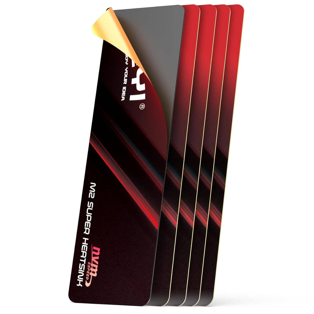 M.2 2280 SSD heatsink strips with thermal film, red and dark gray stacked