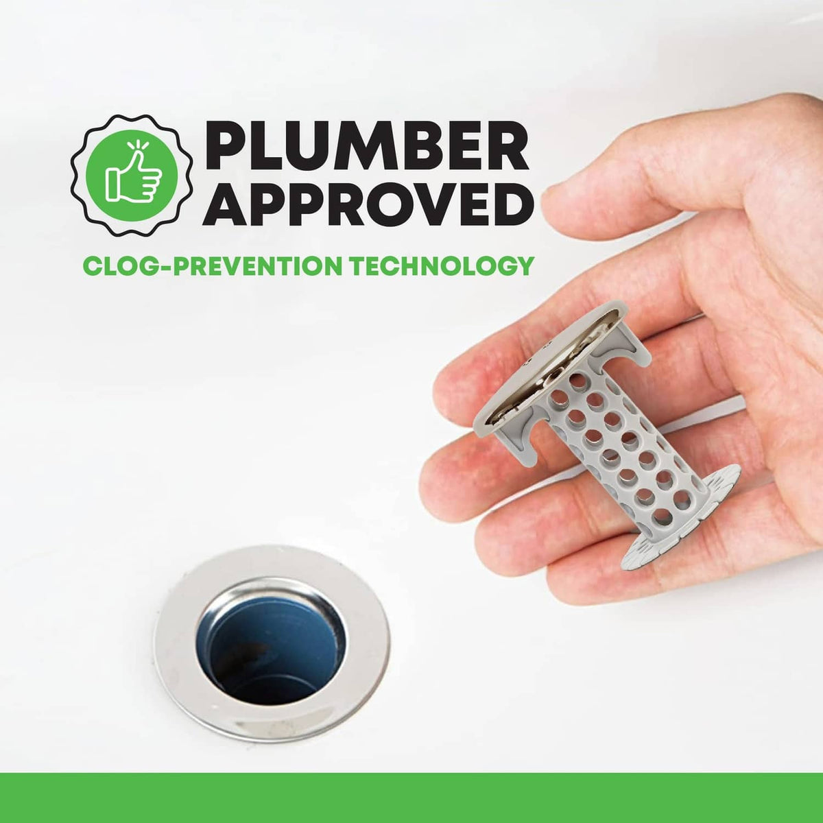 Nickel bathroom sink strainer held above a sink drain, perforated hair catcher.
