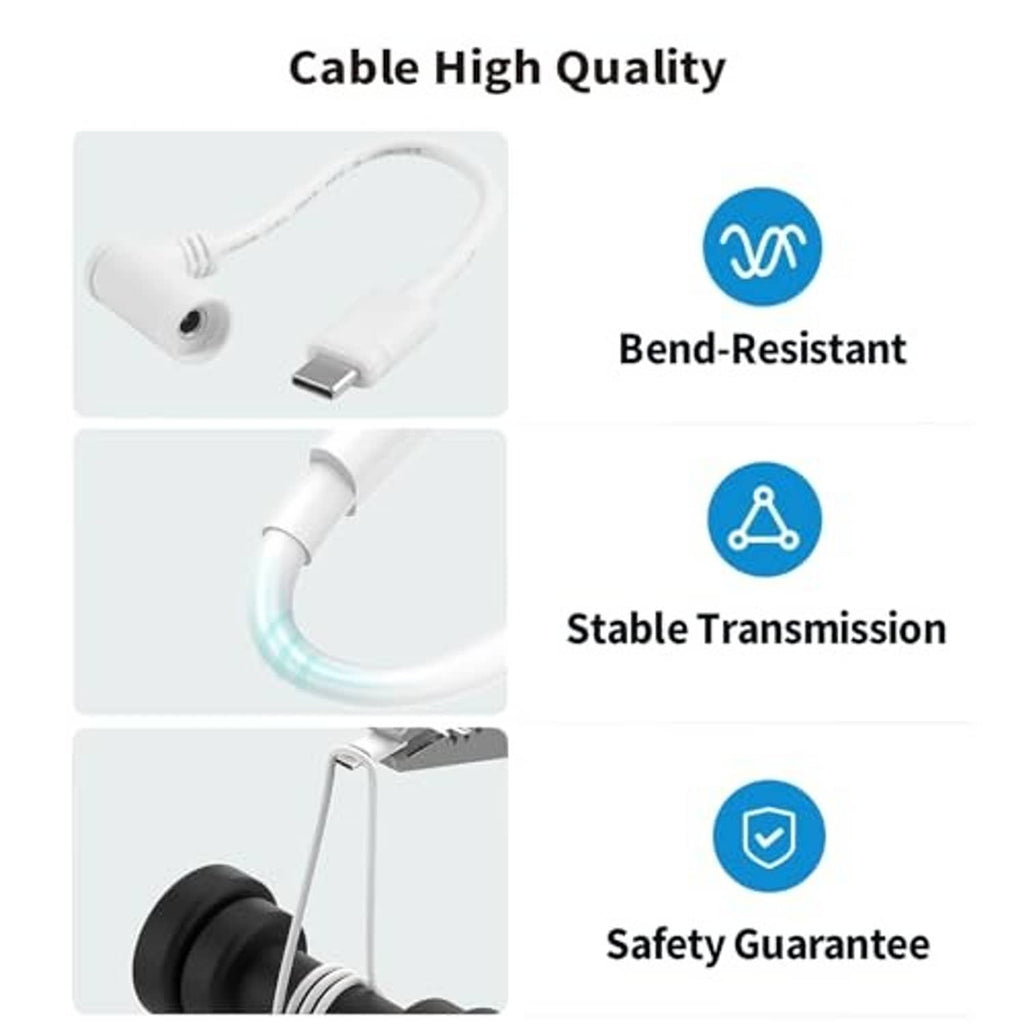 White DC barrel-to-USB-C adapter cable with bend-resistant and safe design icons