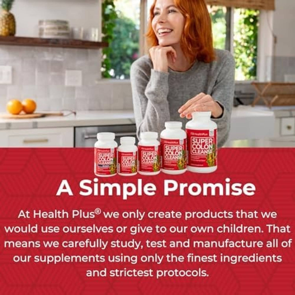 Group of Super Colon Cleanse bottles on a countertop with red HealthPlus labels