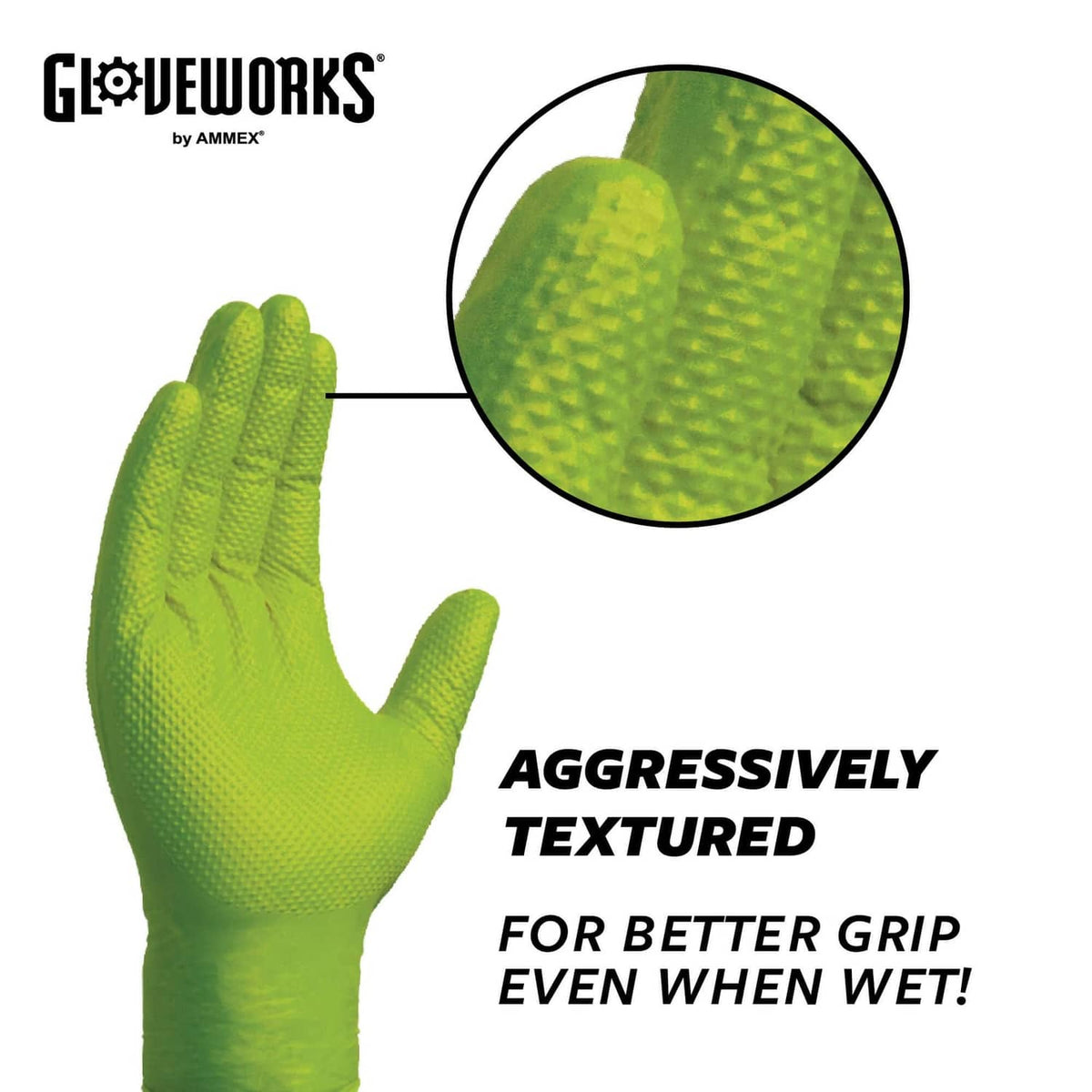 Green nitrile glove with aggressive texture for better wet grip, close-up