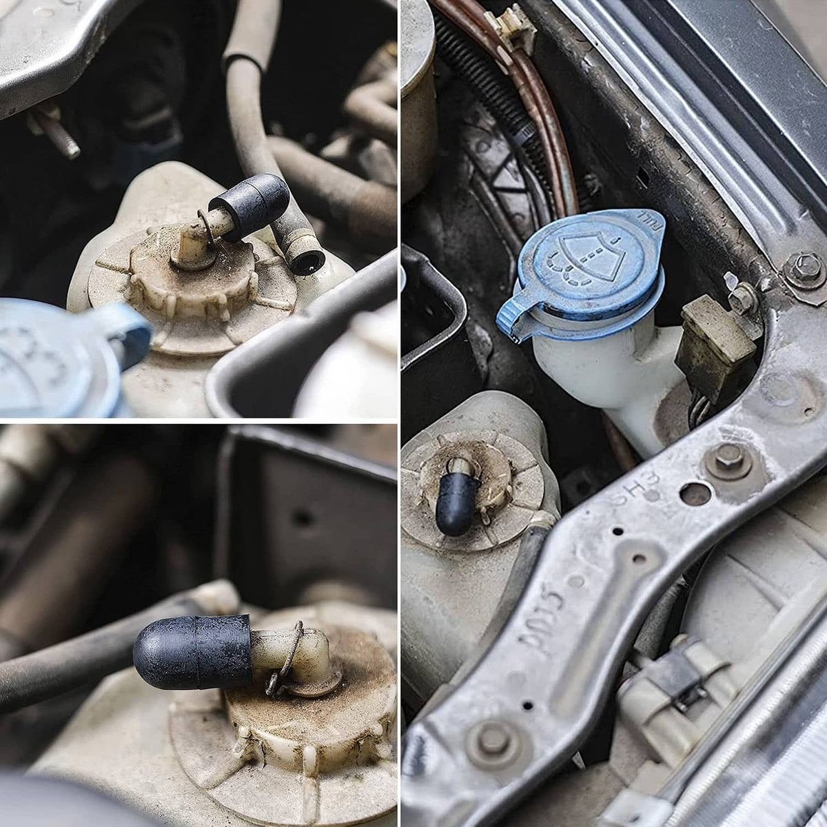 Black rubber vacuum caps installed on engine fittings in close-up