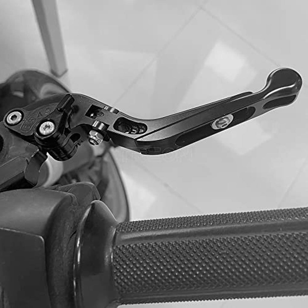 Adjustable folding brake lever, black metal with perforated handle grip and pivot bolts