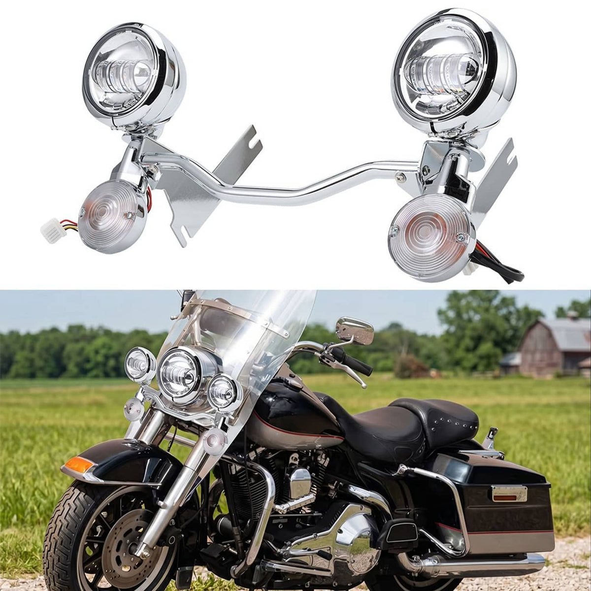 Chrome LED spot passing lights bar with amber turn signal lamps and brackets