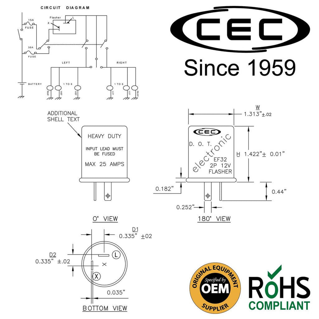 12V electronic flasher relay circuit diagram with dimensions and wiring layout