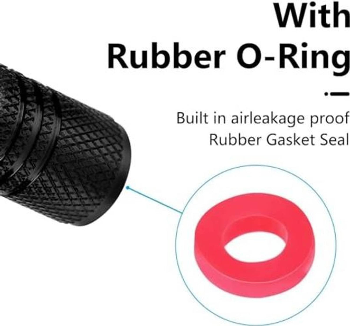 Black tire valve cap with red rubber o-ring gasket and gold Chevrolet bowtie emblem