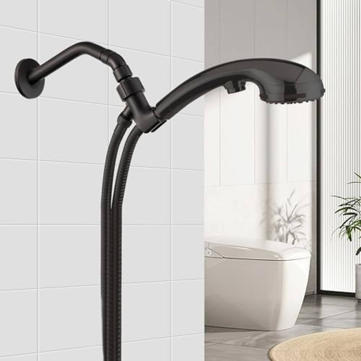 Matte black 135° shower elbow adapter connecting handheld shower head to hose