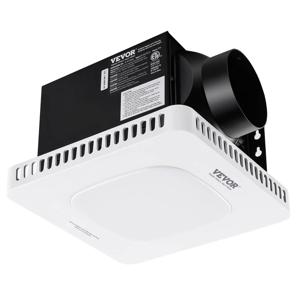 Bathroom exhaust fan with LED light, white grille and black round duct outlet