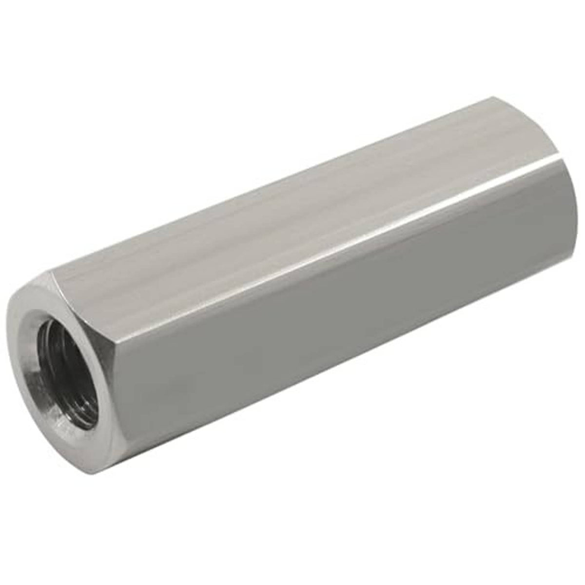 Silver hex coupling nut, cylindrical body with M8 threaded interior