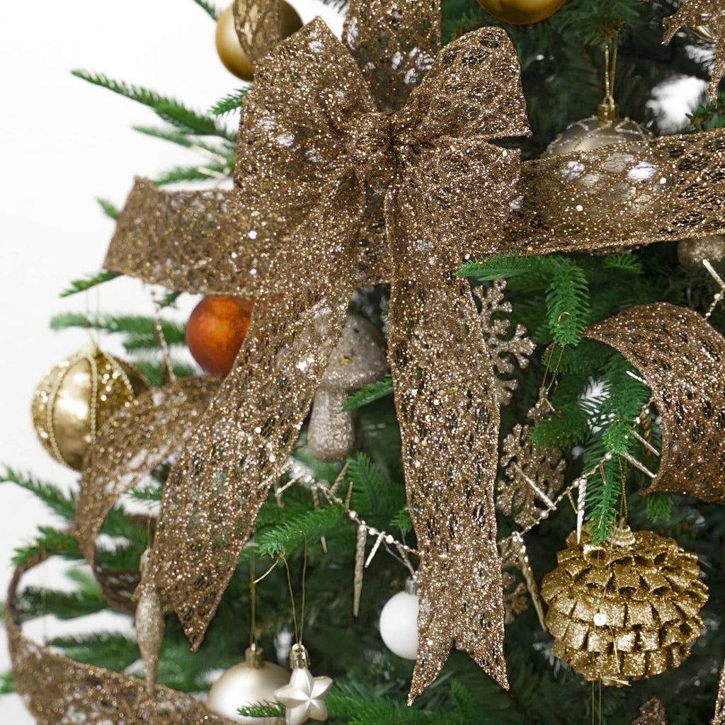 Brown glitter wired ribbon bow on Christmas tree decorations