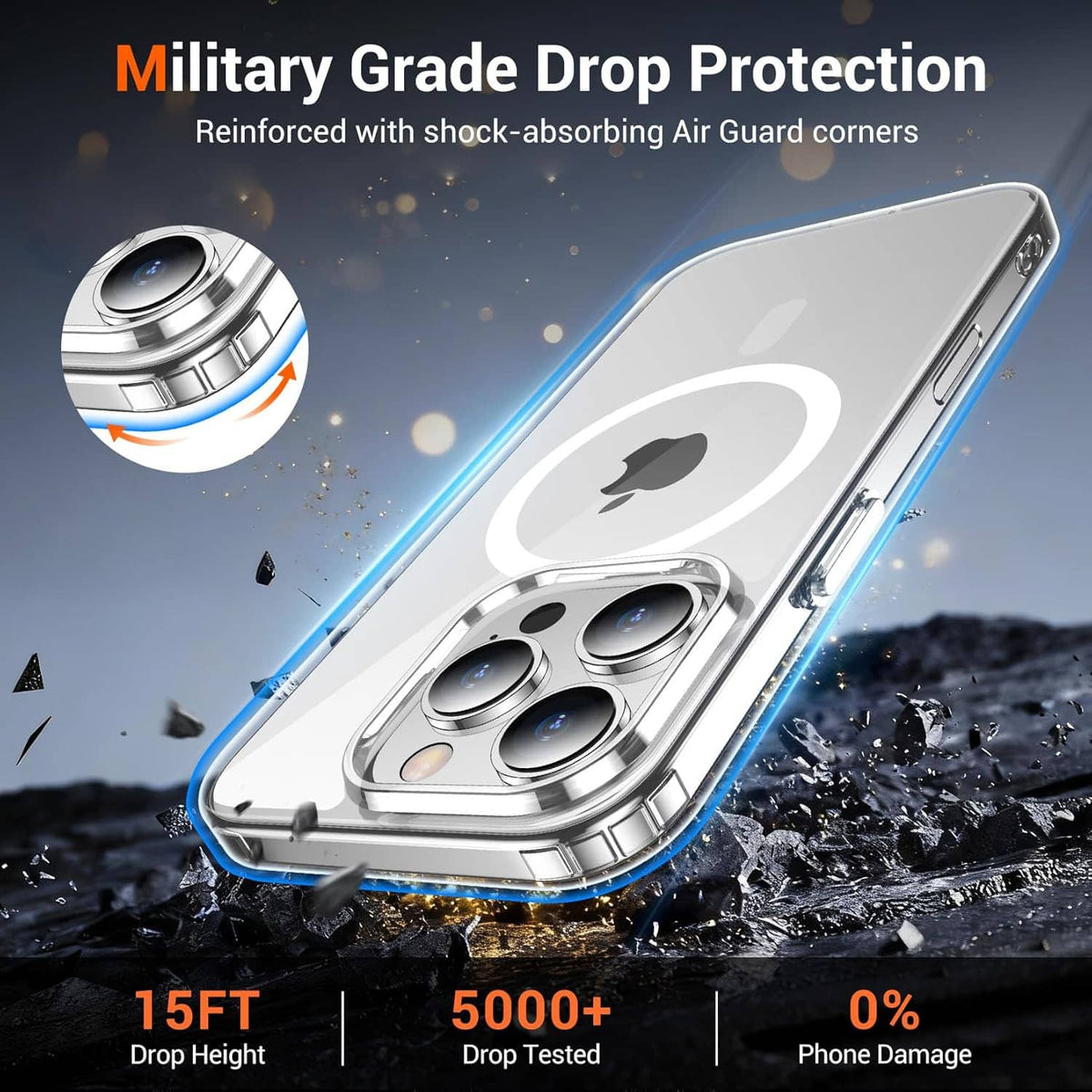 Clear iPhone 15 Pro Max case with reinforced corners and raised bezel around cameras