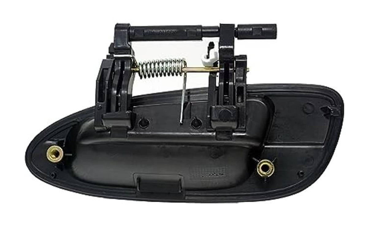 Black exterior door handle mounting base with spring and clip hardware.