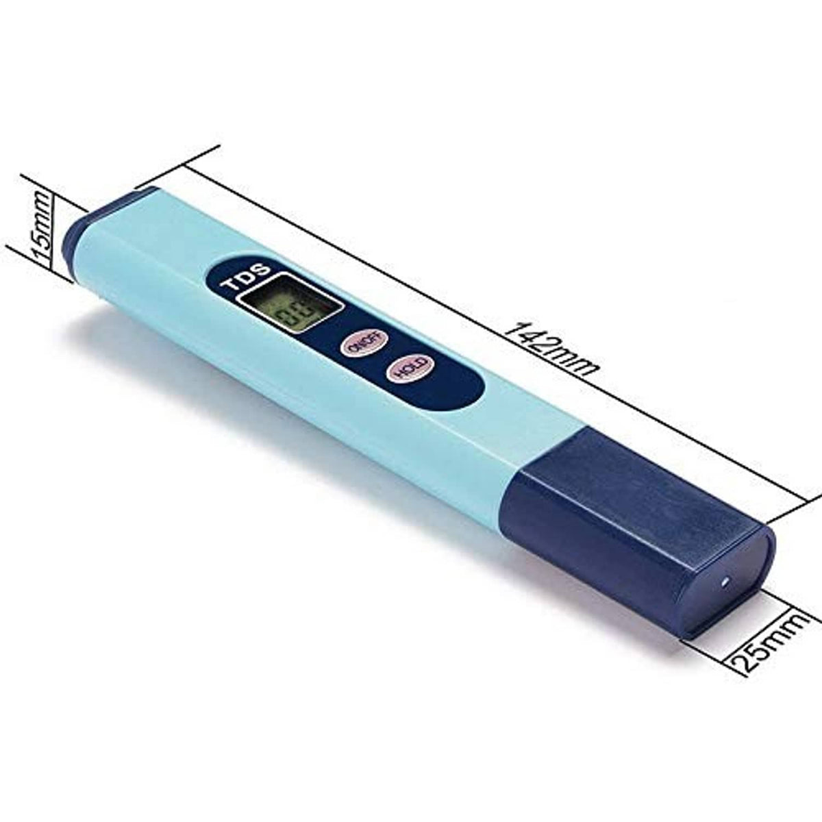 Digital TDS salinity tester with size measurements diagram