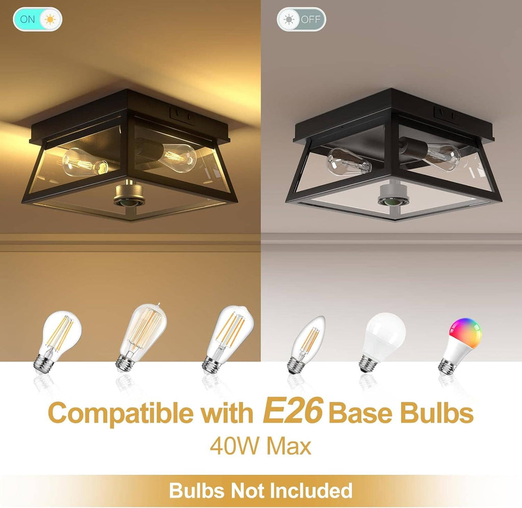Black flush mount ceiling light showing ON/OFF modes with amber bulbs, E26 base