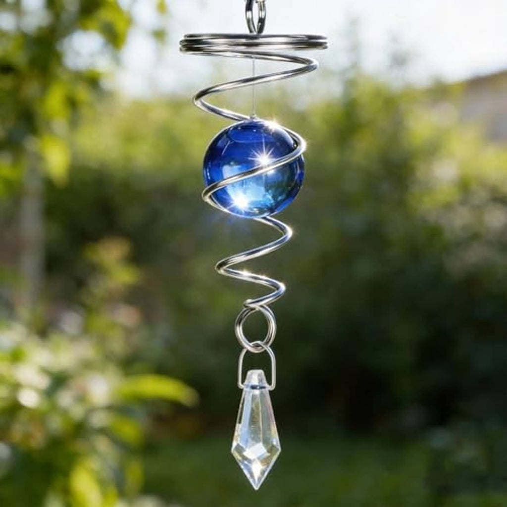 Blue stainless steel wind spinner with hanging hook, spiral arms, and clear crystal drop