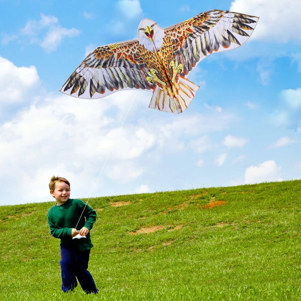 Brown and white eagle kite with orange accents, held by a child with a kite line