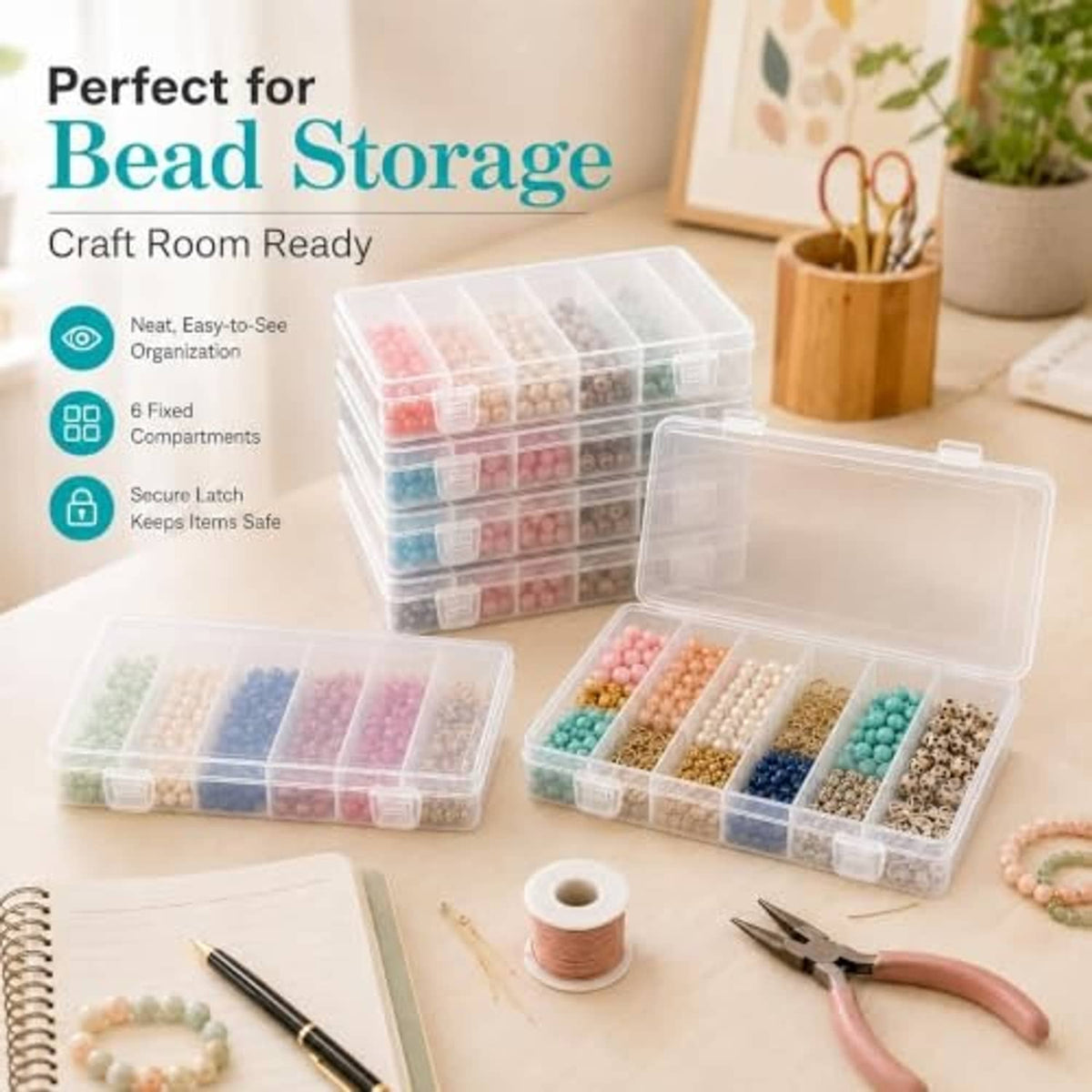 Transparent bead storage organizer with grid compartments and snap latch lid, for small beads