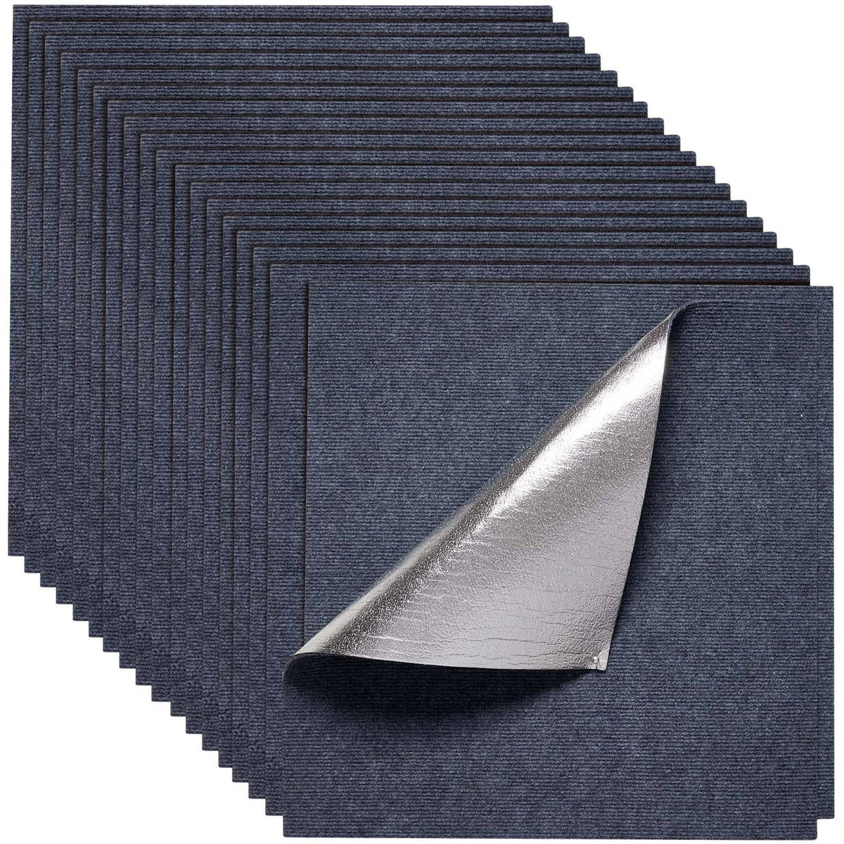 Gray square carpet tiles, self-adhesive, stacked set view