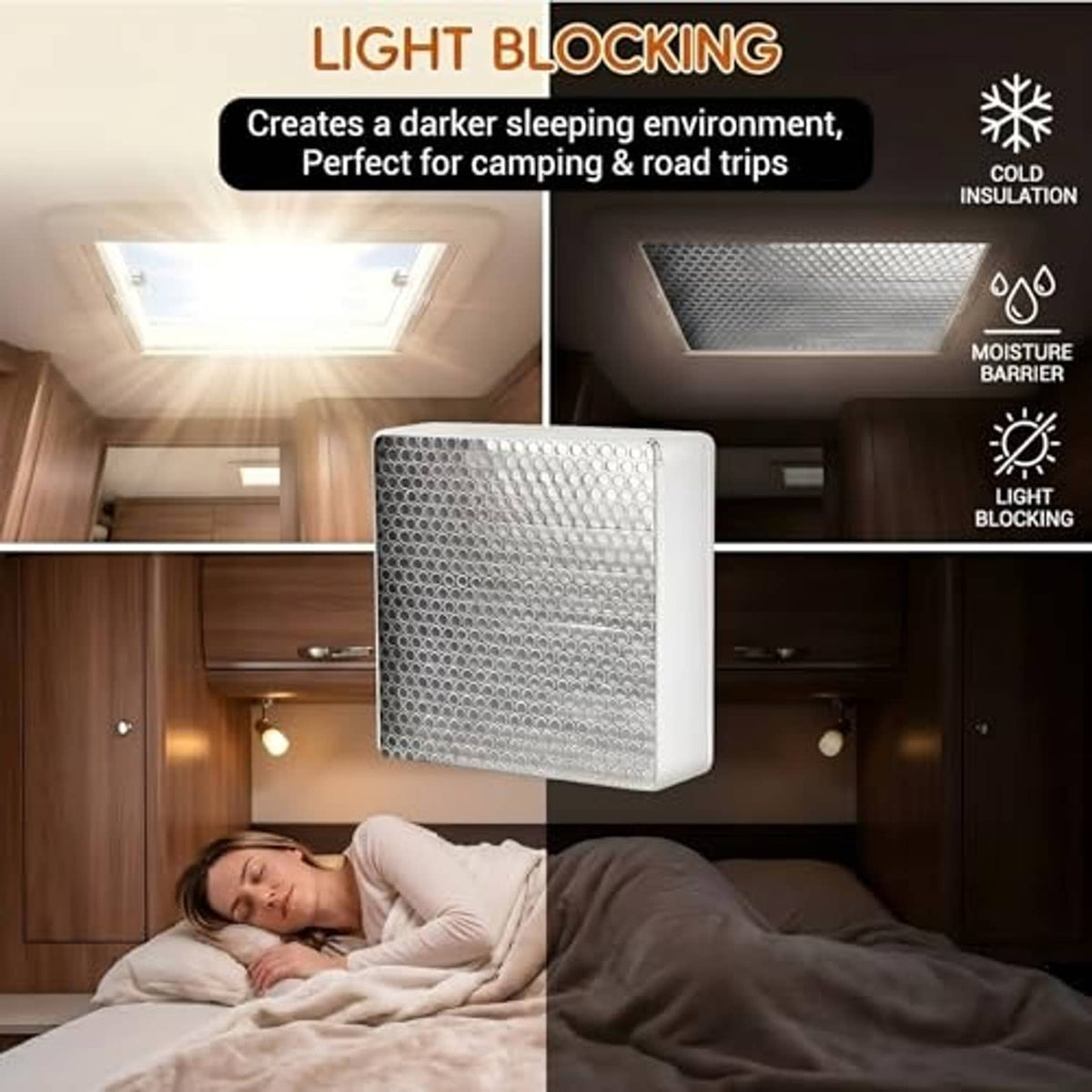 RV vent insulator cover with reflective bubble-foil surface and white foam insulation