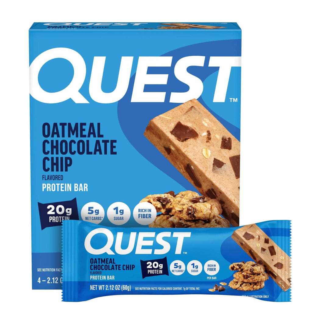 Oatmeal chocolate chip protein bar pack with a tan bar and chocolate chunks