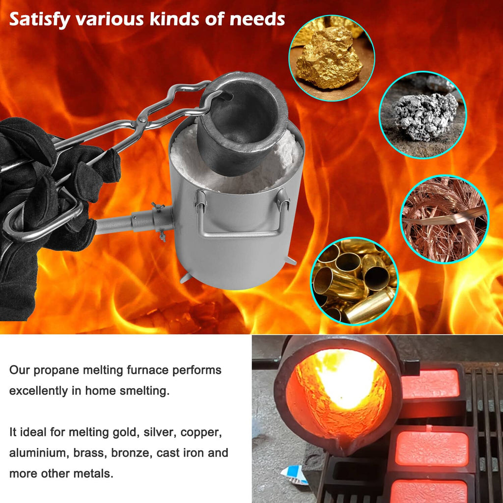 Propane melting furnace with insulated crucible, lid, gloves, and tongs for metal smelting