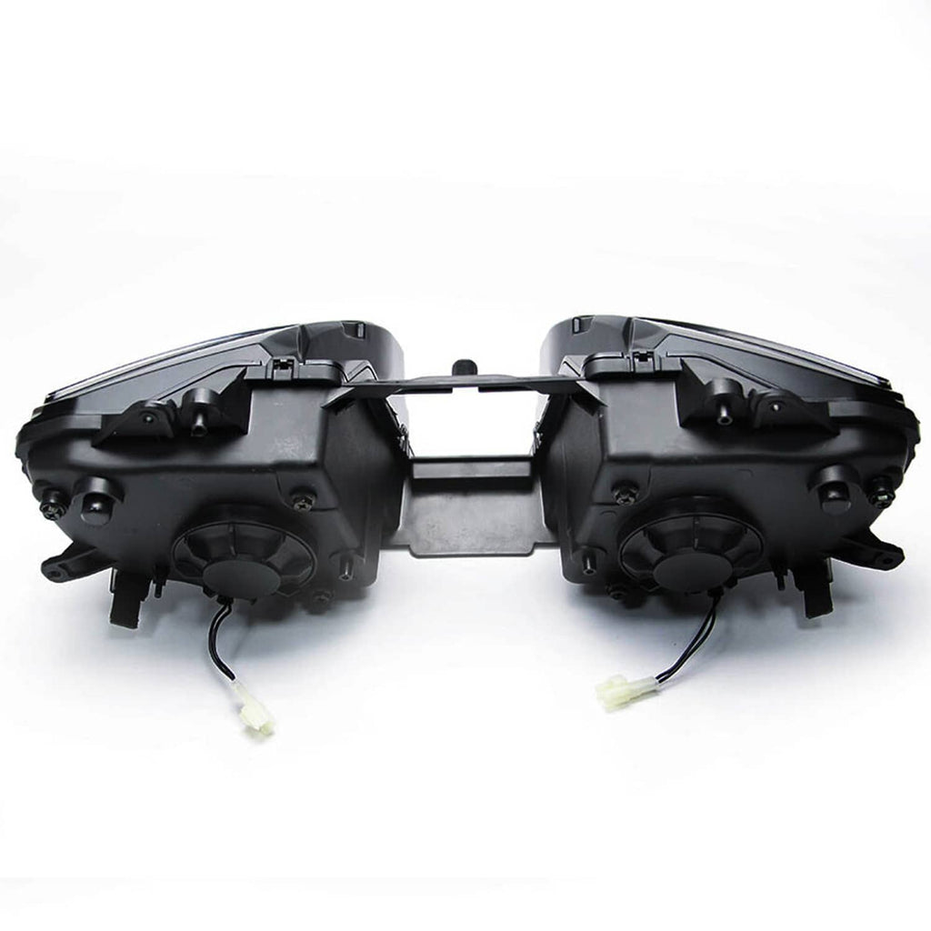 Motorcycle headlamp assembly rear view with two black housings and plug connectors