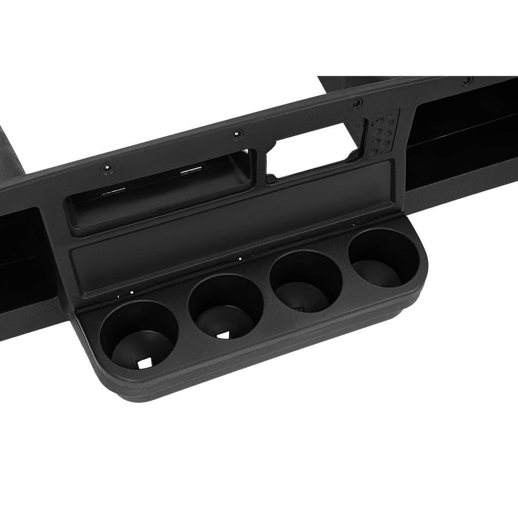 Dark plastic golf cart dash cover with rectangular display cutout and four cup holders