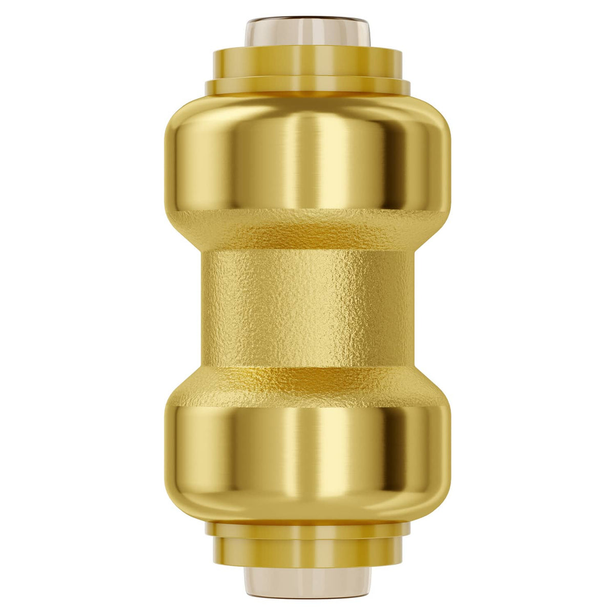 Brass 1/2 in straight-through push-fit pipe fitting, end-on view