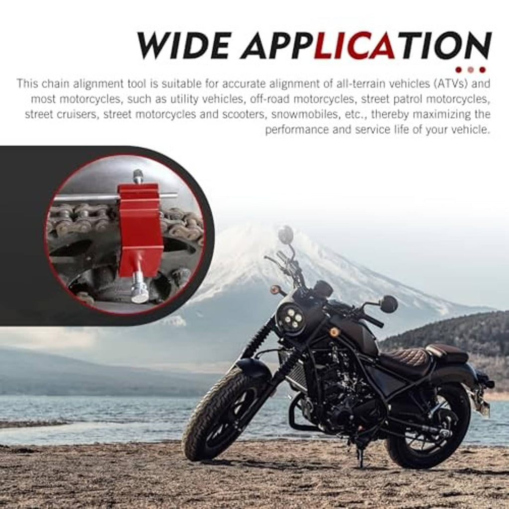 Red chain alignment tool positioned on motorcycle chain with silver rods