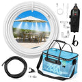 Portable misting cooling system kit with blue bucket, pump, and white hose tubing