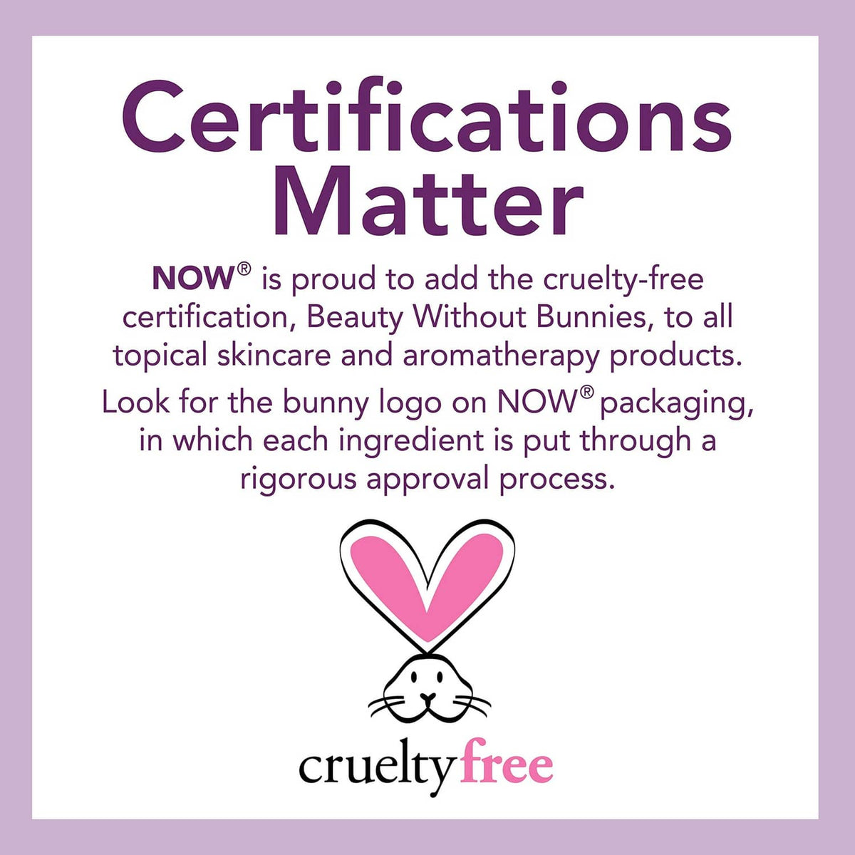 Certifications Matter cruelty-free card with bunny heart logo and NOW crueltyfree text