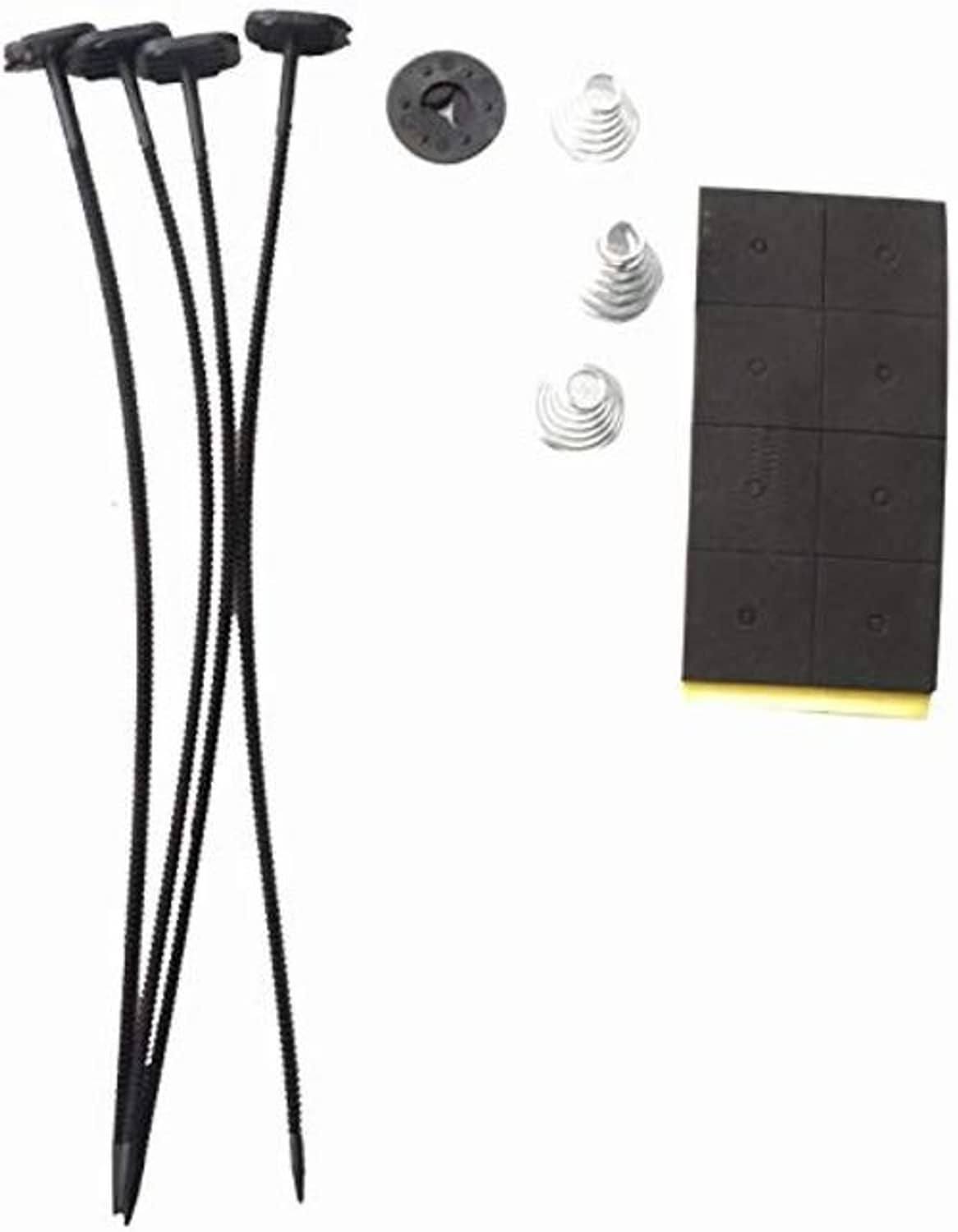 Black mounting wires, screws, and rectangular pad for fan kit